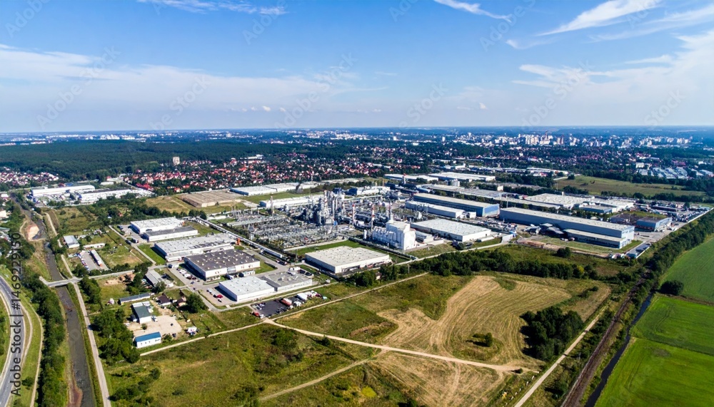 Fototapeta premium Aerial View of Industrial Complex with Green Landscape and Cityscape