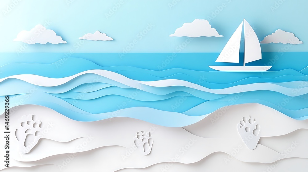 Naklejka premium Paper art sailboat with beach, and ocean.