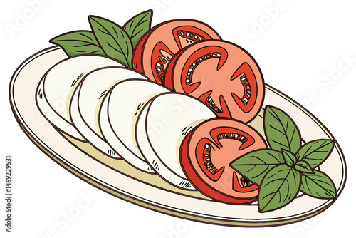 61 mozzarella cheese, tomato slices, basil leaves, plate, realistic, food photography, digital art, hyper realistic