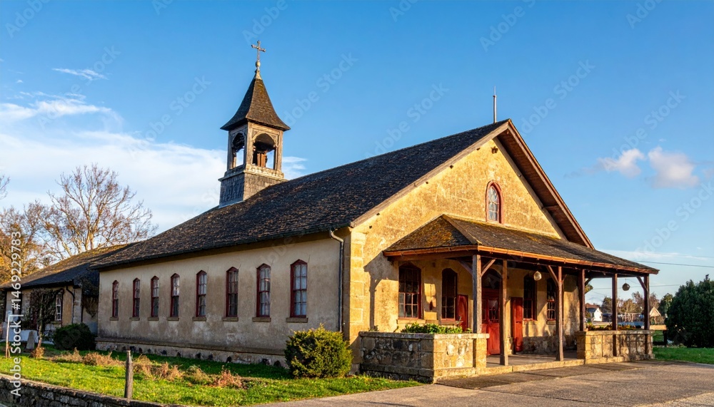 Fototapeta premium Beautiful Historic Church Exterior with Tower and Blue Sky