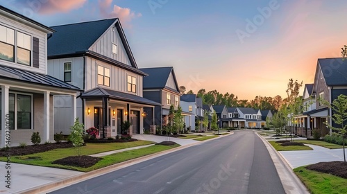 New residential neighborhood showcasing modern homes at sunset with well-maintained streets and lush landscaping