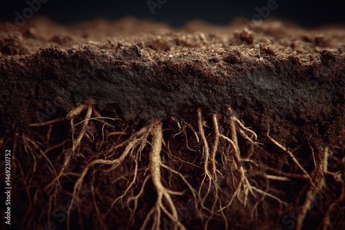 Ground Cross Section Showing Rich Soil Profile and Root System Close-Up for Agriculture, Gardening, or Environmental Science