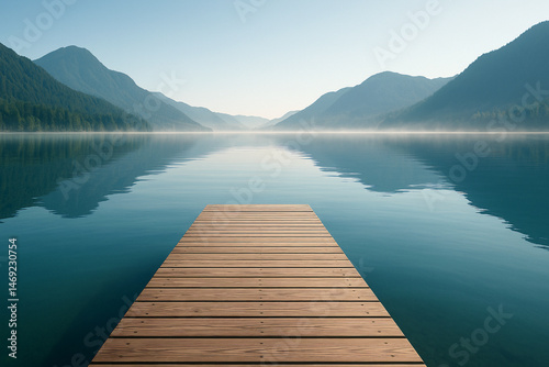 Peaceful Lake Pier with Mountain View and Crystal Reflections