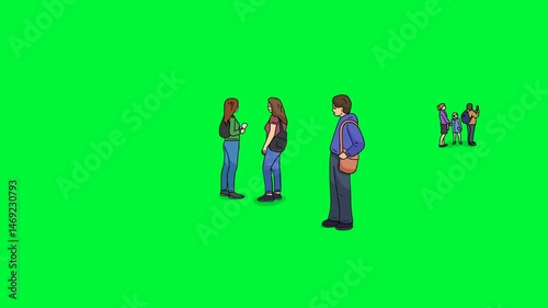 Stylized 2D Animation of Diverse People Standing and Walking on Green Screen Background