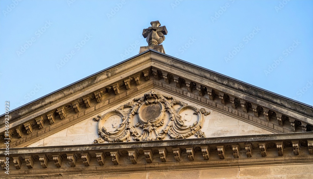 Fototapeta premium Ornate Architectural Detail with Cross on Historic Building Top