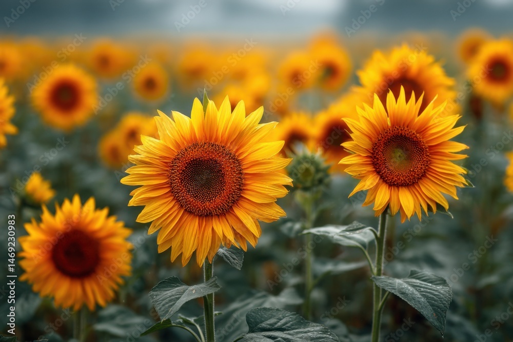Obraz premium Sunflower Field with Vibrant Yellow Petals and Green Leaves in a Natural Outdoor Setting, Floral Agriculture
