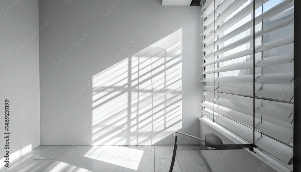 Fototapeta premium Sunlight Filtering Through Blinds in Modern Minimalist Room