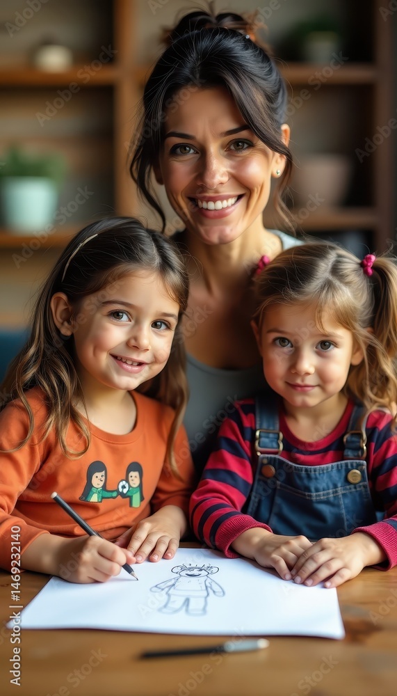 Two daughters and their mother are laughing together while drawing at a table, enjoying a happy moment filled with creativity and love