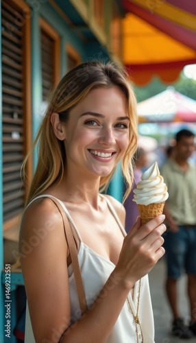 A cheerful woman is savoring an ice cream cone at a lively market, surrounded by colorful stalls and joyful people on a bright day