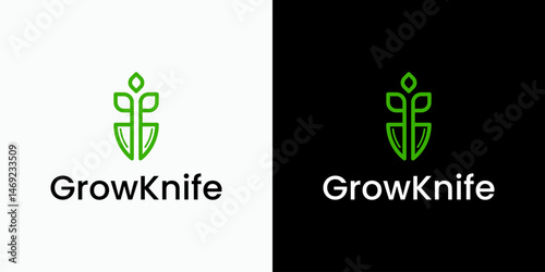 Vector logo design combination of plant and knife shape with modern, simple, clean and abstract style. Icon for business, cooking and personal branding.