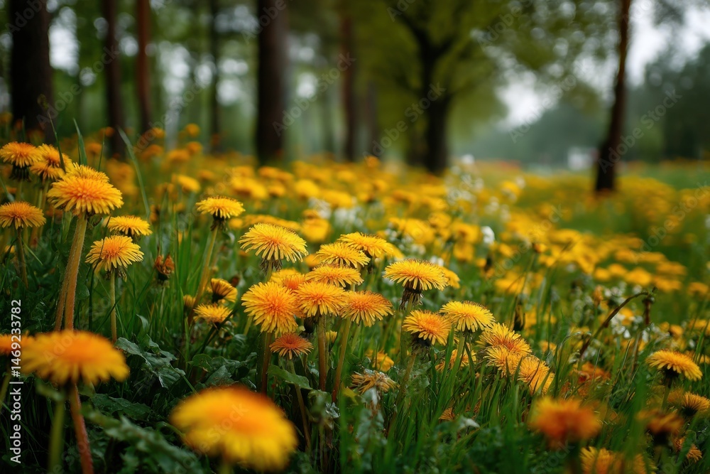Fototapeta premium Dense field of vibrant yellow dandelions flourishing amidst tall green grass, with blurred woods background during springtime.