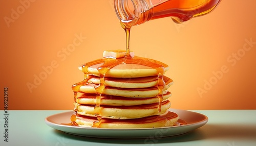 Syrup pouring on stack of pancakes with bright backdrop. sweet
