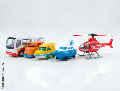 Colorful miniature vehicles representing diverse transportation modes