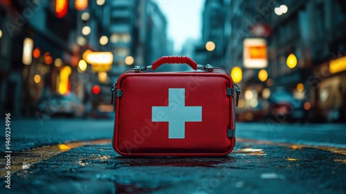 Emergency First Aid Kit on Wet City Street emergency aid first aid kit medical kit urban city street