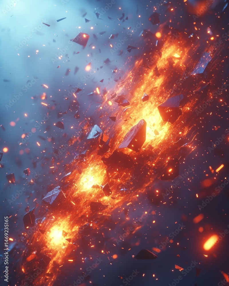 Fototapeta premium Fiery center with debris floats in the air against a smoky, blue backdrop