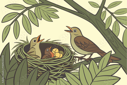 63 detailed nest surrounded by lush foliage, close-up shot of a nest with baby birds and parent bird, crisp focus, photorealistic, natural lighting, vibrant colors, depth of field