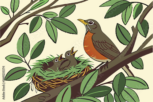 63 detailed nest surrounded by lush foliage, close-up shot of a nest with baby birds and parent bird, crisp focus, photorealistic, natural lighting, vibrant colors, depth of field