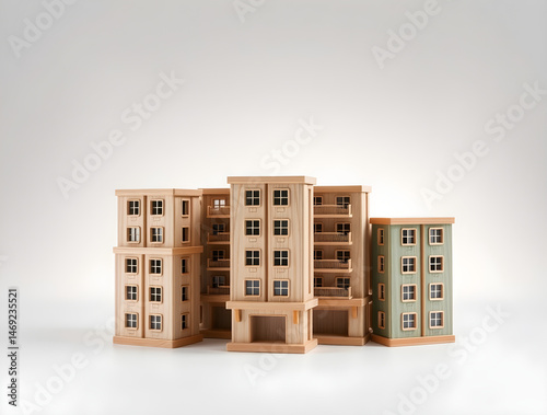 Miniature wooden buildings representing sustainable urban development