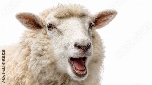Goofy White Sheep Chewing With Mouth Open in Comical Expression