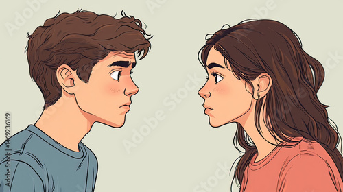 Young boy and girl. Cartoon characters are looking at each other AI generative