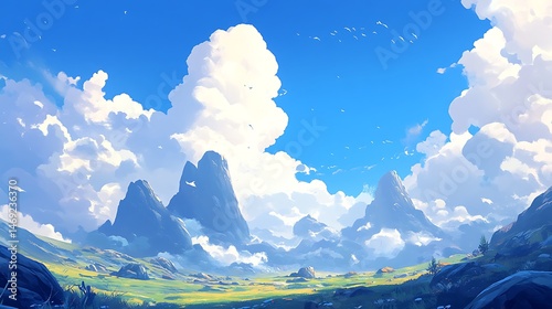 Sunny Valley with Majestic Mountains.