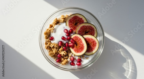 Wallpaper Mural Overhead View Of A Healthy Breakfast Bowl With Fig Slices And Pomegranate Seeds On A White Surface Torontodigital.ca