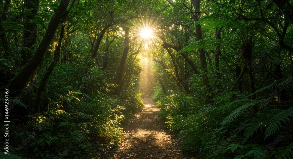 Obraz premium Sunlight filtering through trees in a dense forest path