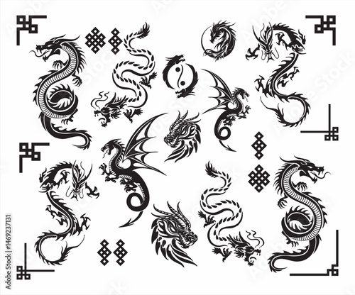 set of dragon tattoo art vector illustration, dragon tattoo art vector abstract just face had and flying etc black and white