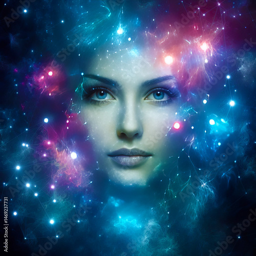 Constellation Muse Surreal Portrait - Star Woven Face & Nebula Art
