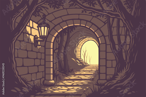 64 a dimly lit tunnel with brick walls, glowing lanterns illuminating the path, leading to a bright opening in the distance, magical, fantasy, atmospheric, intricate details, cinematic lighting, mysti