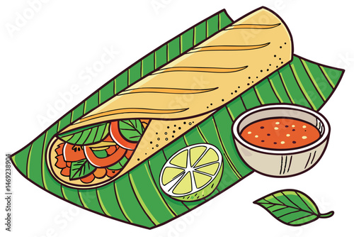 65 dosa on banana leaves, mint leaves, lime wedge, spicy sauce, flat bread, vegetables, food, indian, south asian, vibrant, detailed