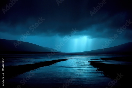 Mysterious landscape with dark clouds and shimmering water reflections.