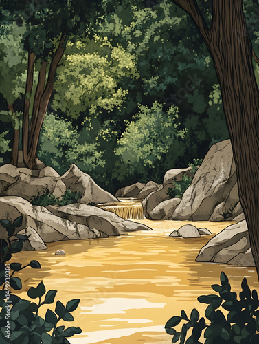 14. A River with Rocks and Trees in the Background