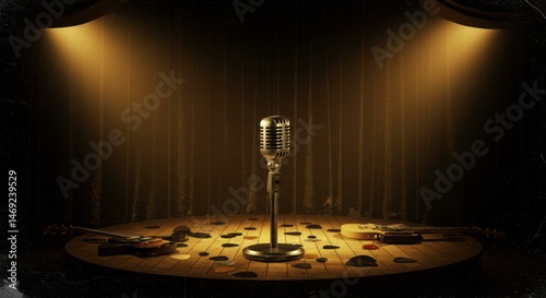 Vintage microphone on stage awaits a soulful performance guitar picks scattered nearby