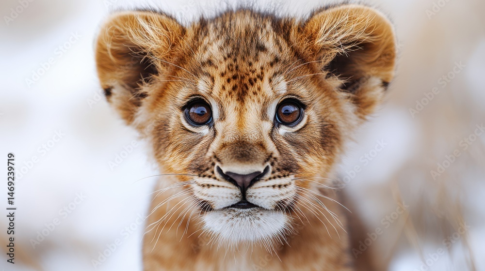 Fototapeta premium Close-up of a baby lion face, tiny whiskers visible, innocent gaze, pure white background, warm lighting, high-resolution, irresistibly cute