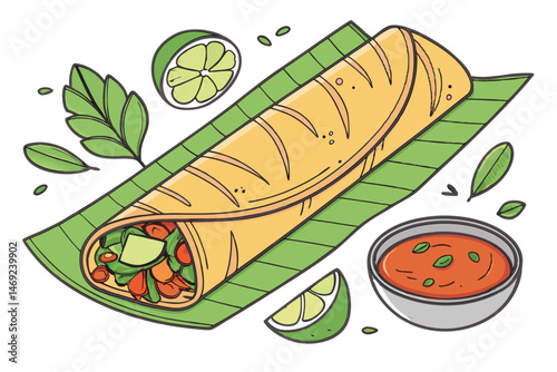 65 dosa on banana leaves, mint leaves, lime wedge, spicy sauce, flat bread, vegetables, food, indian, south asian, vibrant, detailed