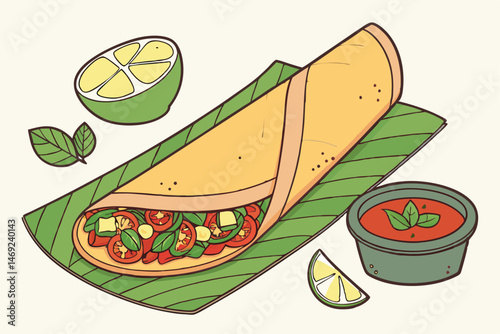 65 dosa on banana leaves, mint leaves, lime wedge, spicy sauce, flat bread, vegetables, food, indian, south asian, vibrant, detailed