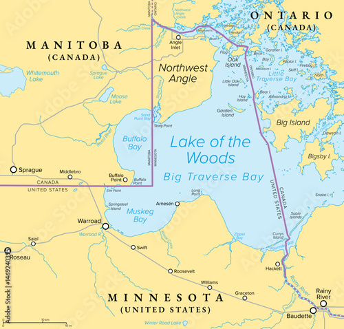 Northwest Angle, political map. An exclave of the northern Lake of the Woods County, Minnesota, forming a border between Canada and USA. Known simply as the Angle, and coextensive with Angle Township.