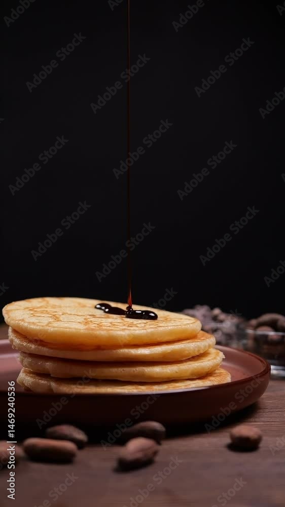 Video verticale, Pancake nel piatto, vengono farciti con caramello, video rallentato