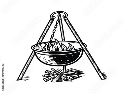 Fire Pit on three legs. Symbol of making campfire outdoors and traveling. Diwali festival icon. Line art round bonfire bowl. Black illustration for camping. Contour isolated vector on white background