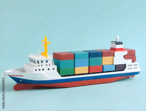 Toy container ship carrying colorful cargo on turquoise background