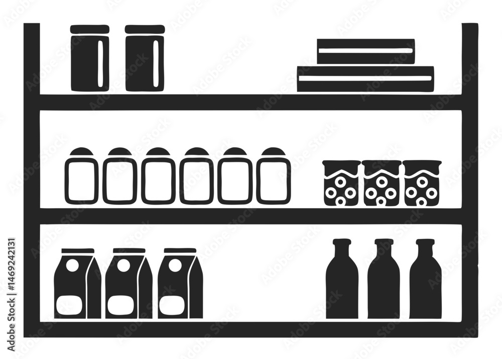 Fototapeta premium Black silhouette depicting pantry shelves with food items storage and organization
