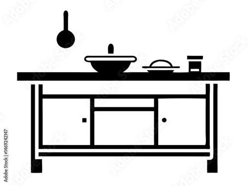 Black silhouette design of a kitchen island counter illustration with transparency