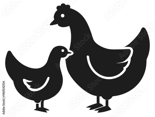 Black silhouette design of a hen and a duck family with transparency