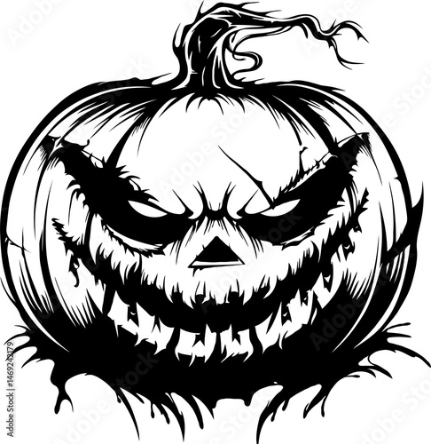 Creepy Halloween pumpkin with sinister grin in black ink style on transparent background.