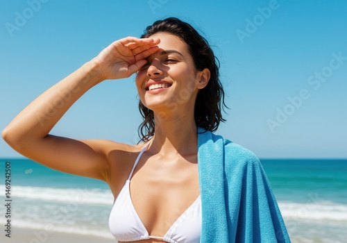Smiling woman in bikini shielding eyes from sun on beach with towel