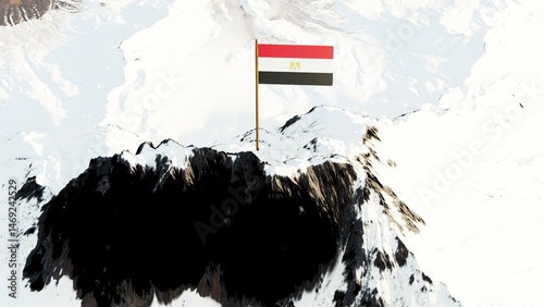 3D rendering of Egypt's national flag, featuring horizontal bands of red, white, and black with the golden Eagle of Saladin centered, gracefully waving atop a snow-covered mountain peak, symbolizing n