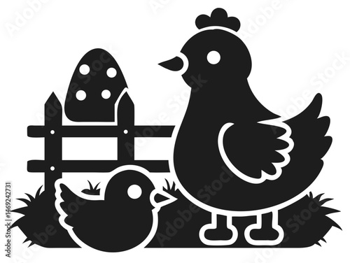 Cute cartoon hen and duck silhouette sitting together in a farmyard scene