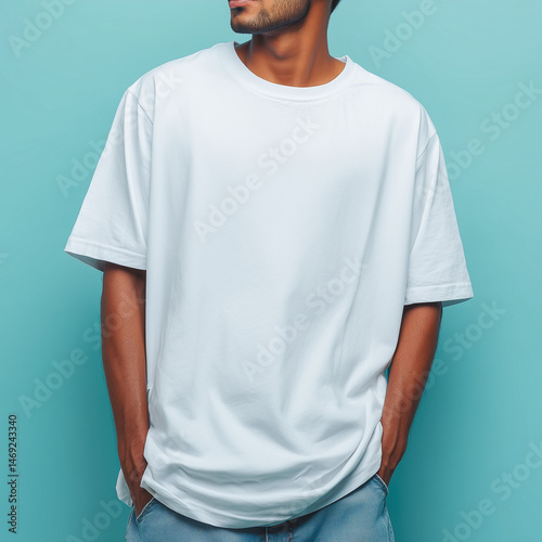 Mockup Indian male model wearing white oversized T-shirt, isolated on light blue photo studio background, Ai generated images