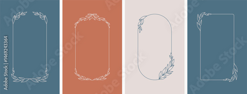 Elegant frames with hand drawn branches and leaves, design templates in line style. Vector backgrounds for wedding invitations, greeting cards, social media stories, label, corporate identity